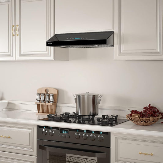 IKTCH Upgrated 30"Under Cabinet Range Hood, 900 CFM Ducted Range Hood with 4 Speed Fan, Stainless Steel & Black Tempered Glass Range Hood 30 inch with Gesture Sensing&Touch Control Making life Smarter