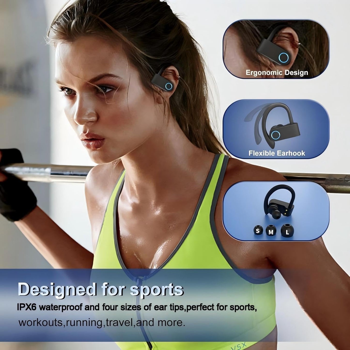 Wireless Earhooked Earbuds Bluetooth Headphones with IPX6 Waterproof,50H Playtime HiFi Stereo & Battery Display Case & Comfort Fit in-Ear Earphones for Workout/Running/Sport