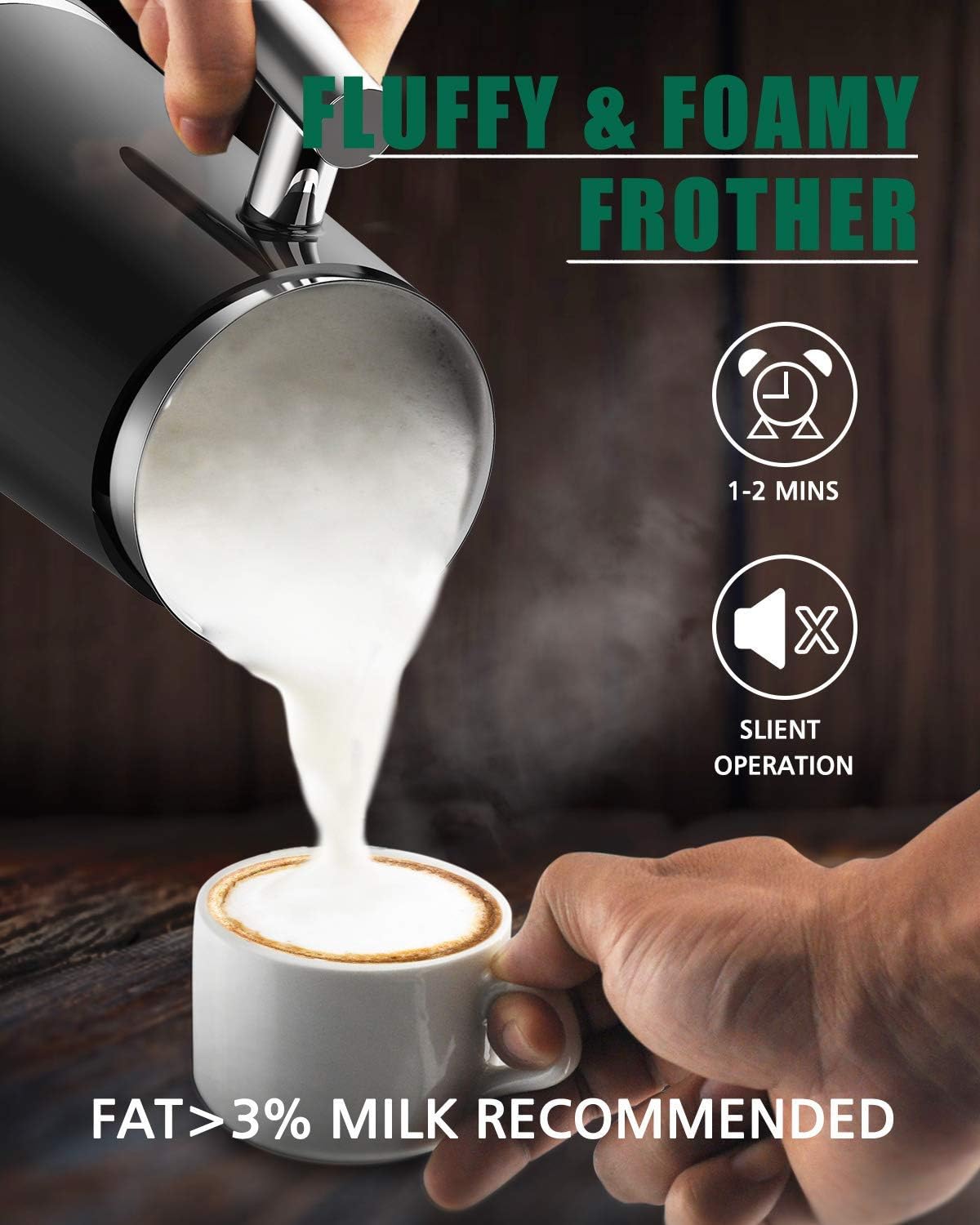 Huogary Electric Milk Frother, 4 in 1 Stainless Steel Milk Steamer, Milk Frother and Steamer for Coffee Milk Warmer for Latte, Cappuccinos, Macchiato