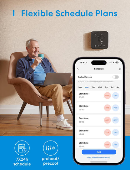 meross Smart Thermostat for Home, WiFi Thermostat Works with Matter, Alexa, Apple Home, Google Assistant, App Voice Control, 7x24h Scheduling, Energy Saving, C-Wire Required