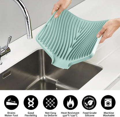 TIKNIK Silicone Dish Drying Mat for Kitchen Counter, Dish Drying Pad, Non-Slip Drain Pad with Built-in Drain, Heat Resistant Stone Drying Mat(40 L x 33 W cm, Grey)