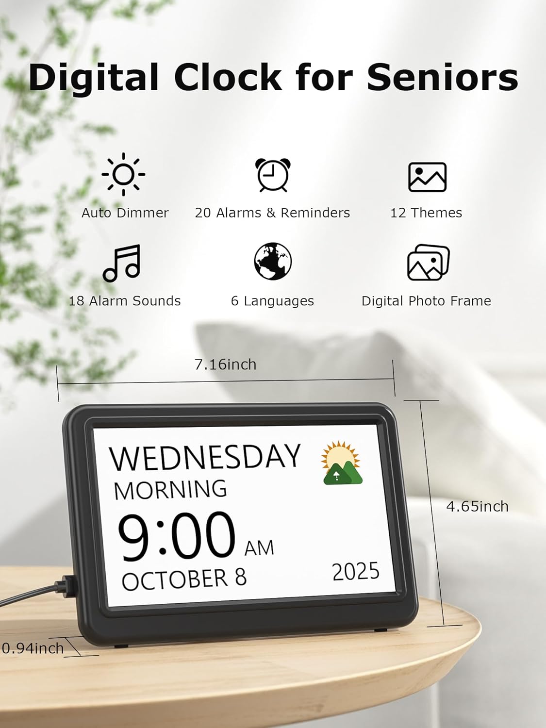 10.1'' Large Display Dementia Clock for Seniors, Calendar Clock with Remote Control,12 Themes, 20 Alarms, 20 Reminders, 6 Languages, Auto Dimming, 12/24 Hours, Indoor Temperature, Humidity