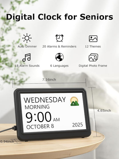 10.1'' Large Display Dementia Clock for Seniors, Calendar Clock with Remote Control,12 Themes, 20 Alarms, 20 Reminders, 6 Languages, Auto Dimming, 12/24 Hours, Indoor Temperature, Humidity