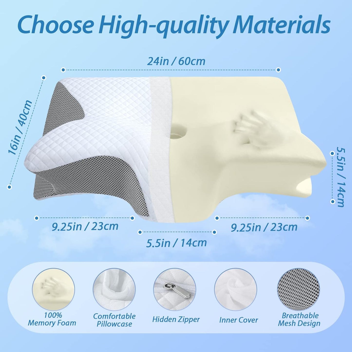 HOMCA Memory Foam Pillow, 2 in 1 Cervical Pillow for Neck Pain Relief, Ergonomic Neck Support Pillows for Side Back Stomach Sleepers with Breathable Pillowcase (Gray)