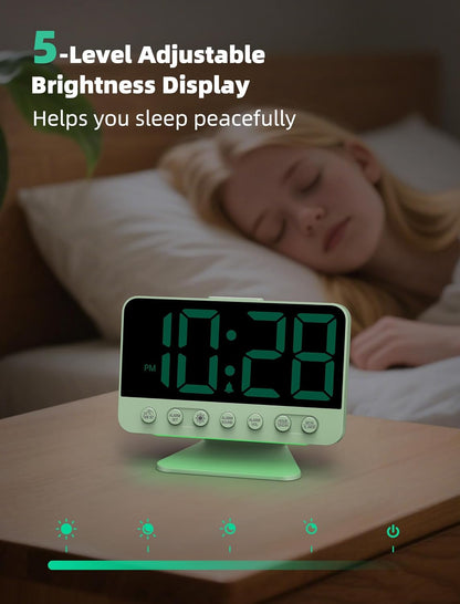 Odokee Digital Alarm Clocks for Bedrooms: Large Bold Number 5 Brightness Dimmer - Easy to Read Across The Room - 5 Alarm Sound 8 Night Light - Silver