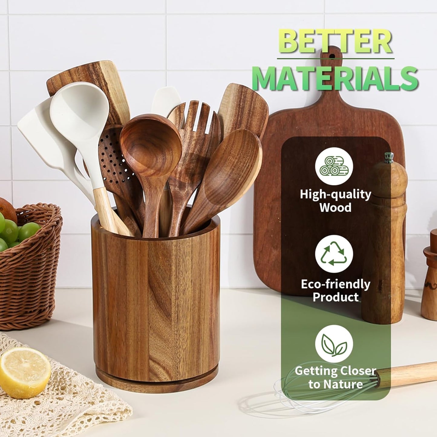Wooden Utensil Holder | Rotating Utensil Organizer | Kitchen Counter Storage Crock | Farmhouse Countertop Decor | Cooking Utensil Stand - PuriLite