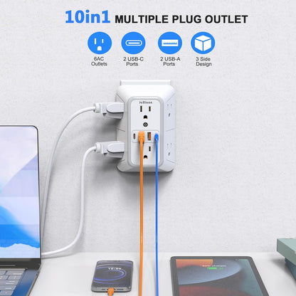 Wall Outlet Extender Surge Protector with 6 AC Outlets and 4 USB Ports, 3-Sided Multi Plug Wall Adapter with USB-C for Home, Office, Kitchen, and Travel - PuriLite
