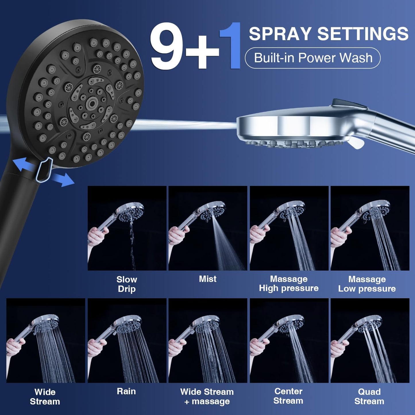 High Pressure 10-Mode Handheld Shower Head - Built in Power Wash for Clean, Replaceable Filter Soften Hard Water Remove Chlorine, 60 Inches Hose, Overhead Bracket, Anti-Clog Nozzle (Chrome)