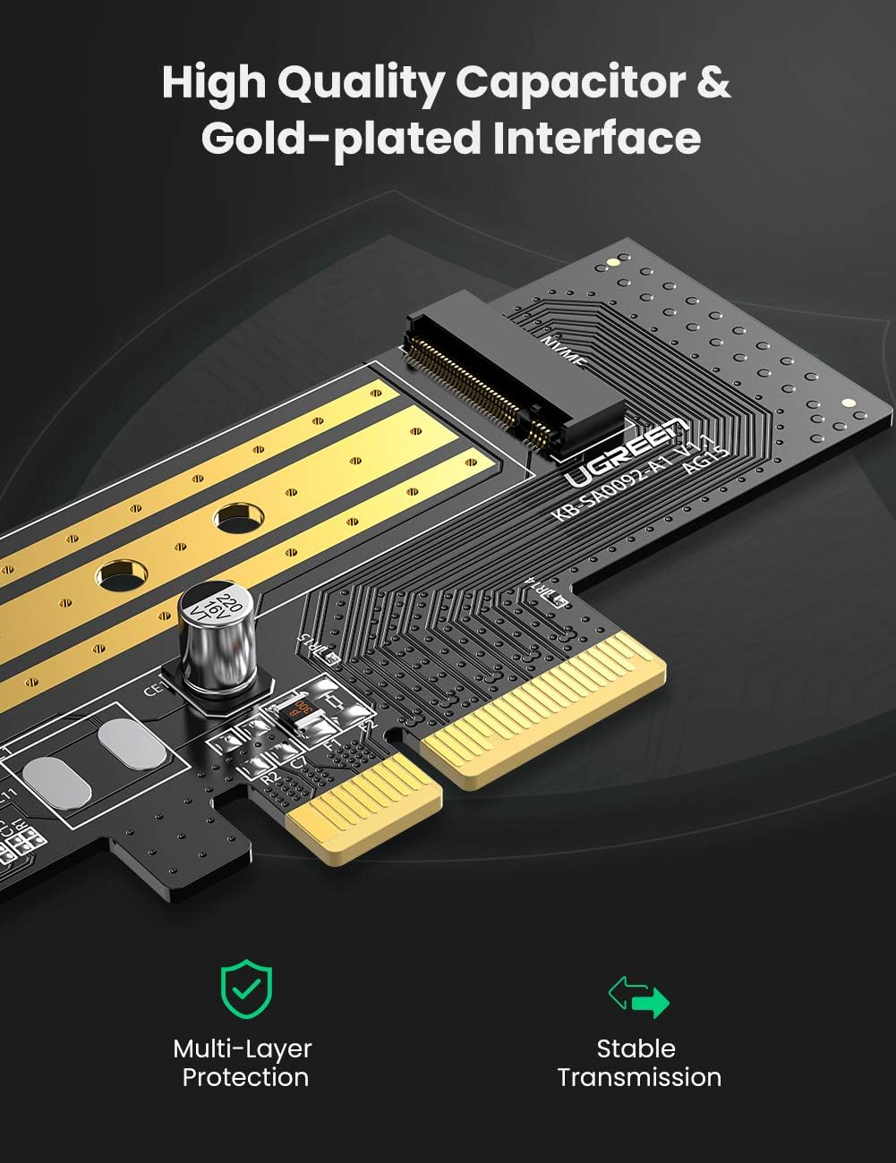UGREEN M.2 NVME PCIe 3.0 X4 X8 X16 Adapter Card, Support M Key and B+M Key SSD 2280 2260 2242 2230 Size, Include Install Tool, Not for SATA SSD