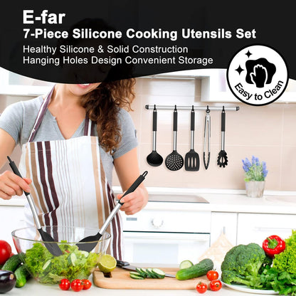Silicone Cooking Utensils Set | Heat Resistant Kitchen Tools | Non Stick Cookware Utensils | Stainless Steel Handle Utensils | 7 Piece Cooking Set - PuriLite