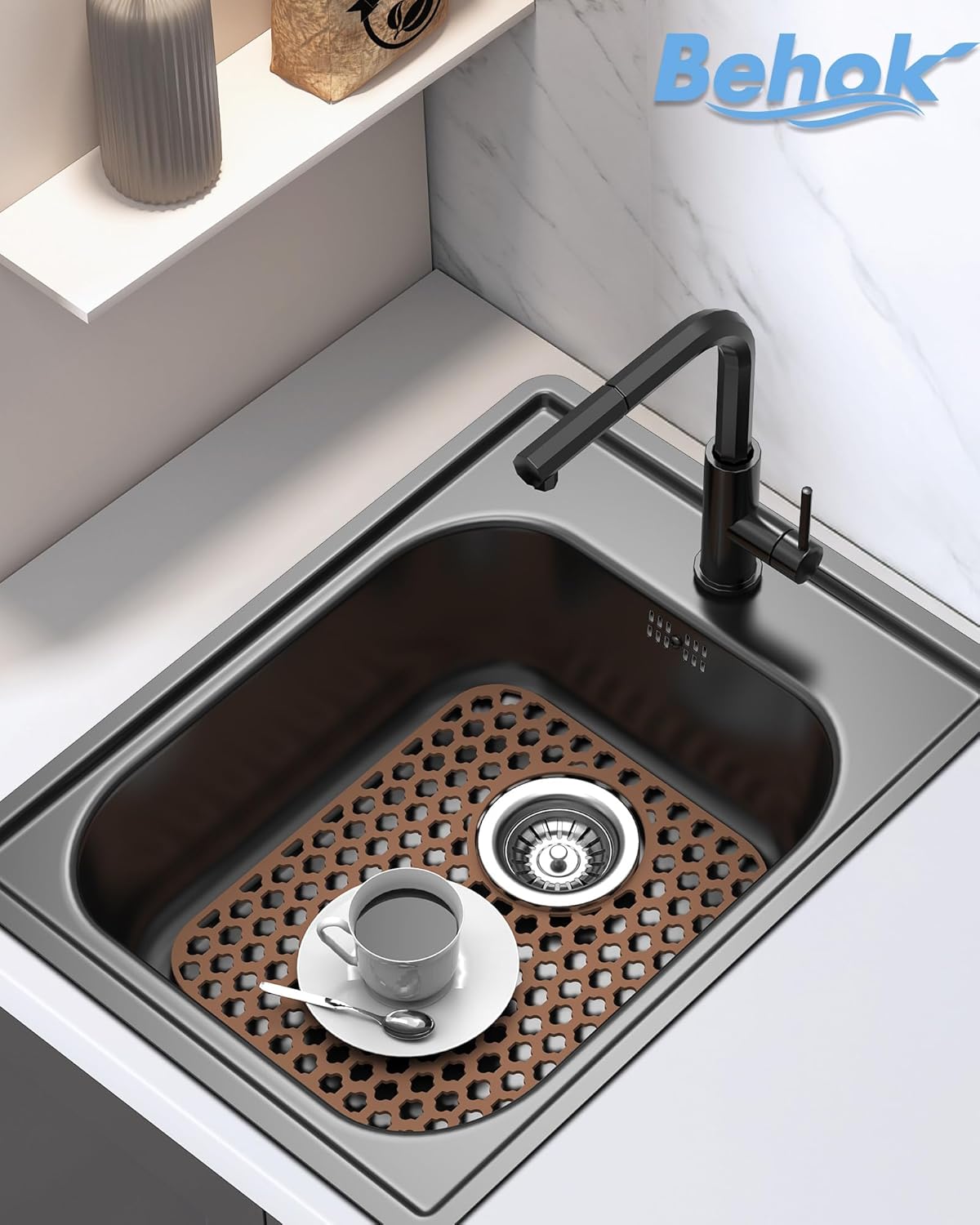 BEHOK 2 Pack Silicone Sink Protector for Kitchen Sink Bathroom Sink 13.58"x 11.6" Sink Mat, Non-Slip and Durable Silicone Sink Grid, Rear Drain (Gray)