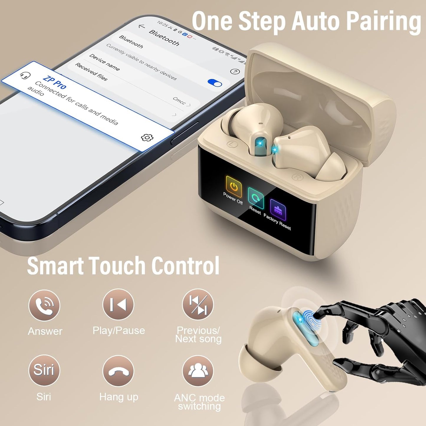 Wireless Earbuds, 2025 New Bluetooth 5.4 Ear Buds with Multifunctional Touch Screen, Bass Stereo Sound, ANC/ENC Noise-Canceling MIC, IPX7 Waterproof, 48H Bluetooth Earphones with 5 EQ Modes, Black