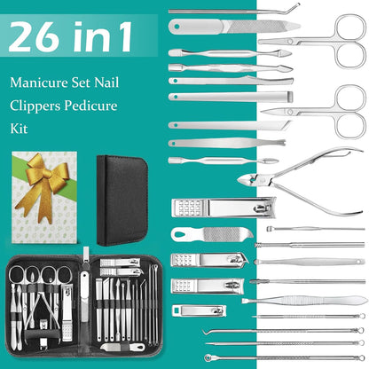 Nail Clippers Set, 26 Piece Manicure Set & Pedicure Kit, Stainless Steel Fingernail & Toenail Clipper Cutters, Professional Nail Care Tools with Luxurious Travel Case for Men and Women, Black