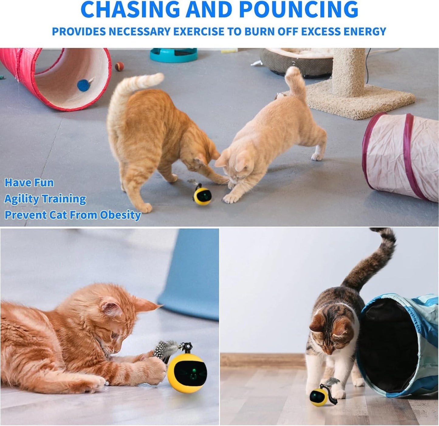 snoslme Interactive Cat Ball Toy, Automatic Moving Cat Toy Ball with Feather Tail, Cats Toy for Chasing and Hunting (Yellow)