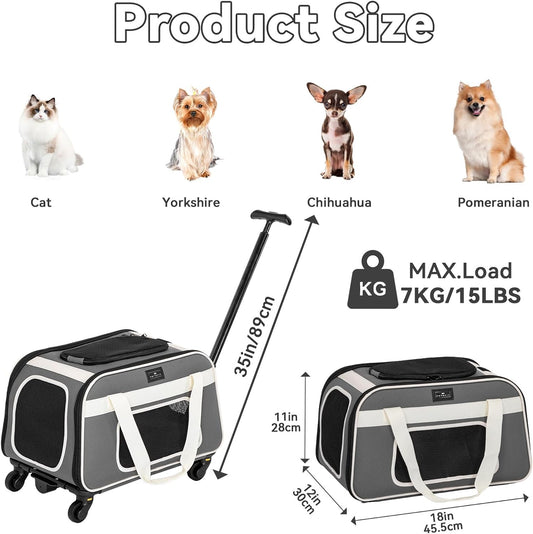 PETSFIT Airline Approved Dog Carrier with Wheels Designed for Small Dogs/Cats with Adjustable Safety Rope & Removable Wheels,Grey