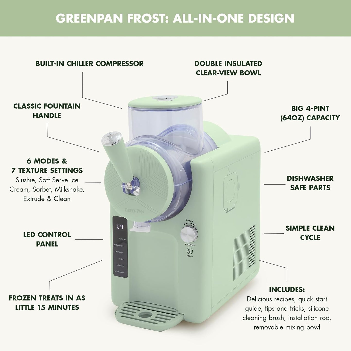 GreenPan Frost Ice Cream Machine & Frozen Drink Maker, Soft Serve, Slushie, Sorbet, Milkshakes & Cocktails, No Freezer Needed, 7 Textures, Quiet & Rapid, Easy Clean, Family Size, Pistachio Sage