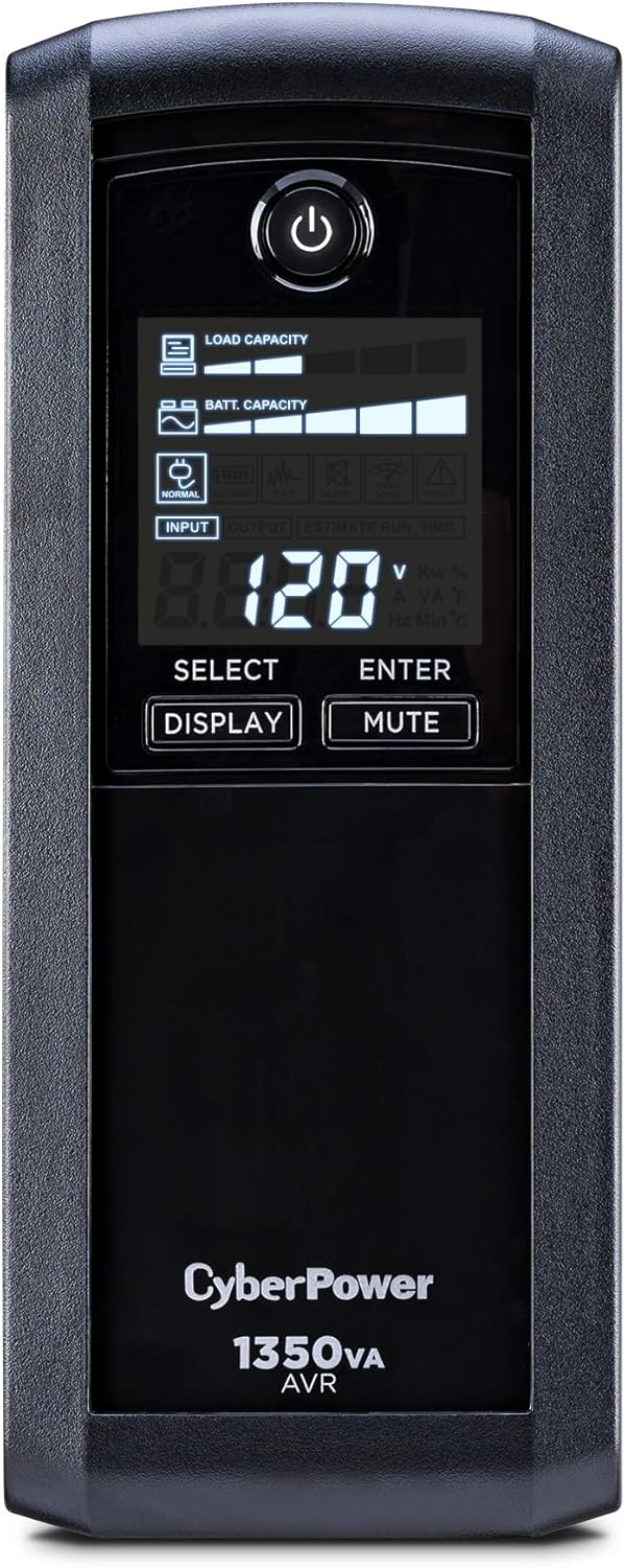 CyberPower CP1500AVRLCD3 Intelligent LCD UPS System, 1500VA/900W, 12 Outlets, 2 USB Ports, AVR, Mini Tower, Black