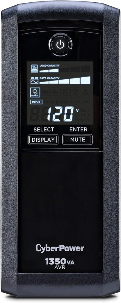 CyberPower CP1500AVRLCD3 Intelligent LCD UPS System, 1500VA/900W, 12 Outlets, 2 USB Ports, AVR, Mini Tower, Black