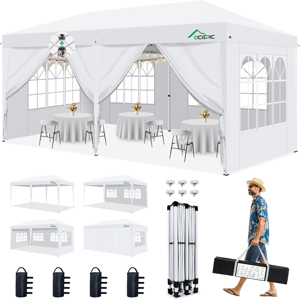 Acepic 10x20 Pop Up Canopy with 6 Removable Sidewalls, White, 10x20