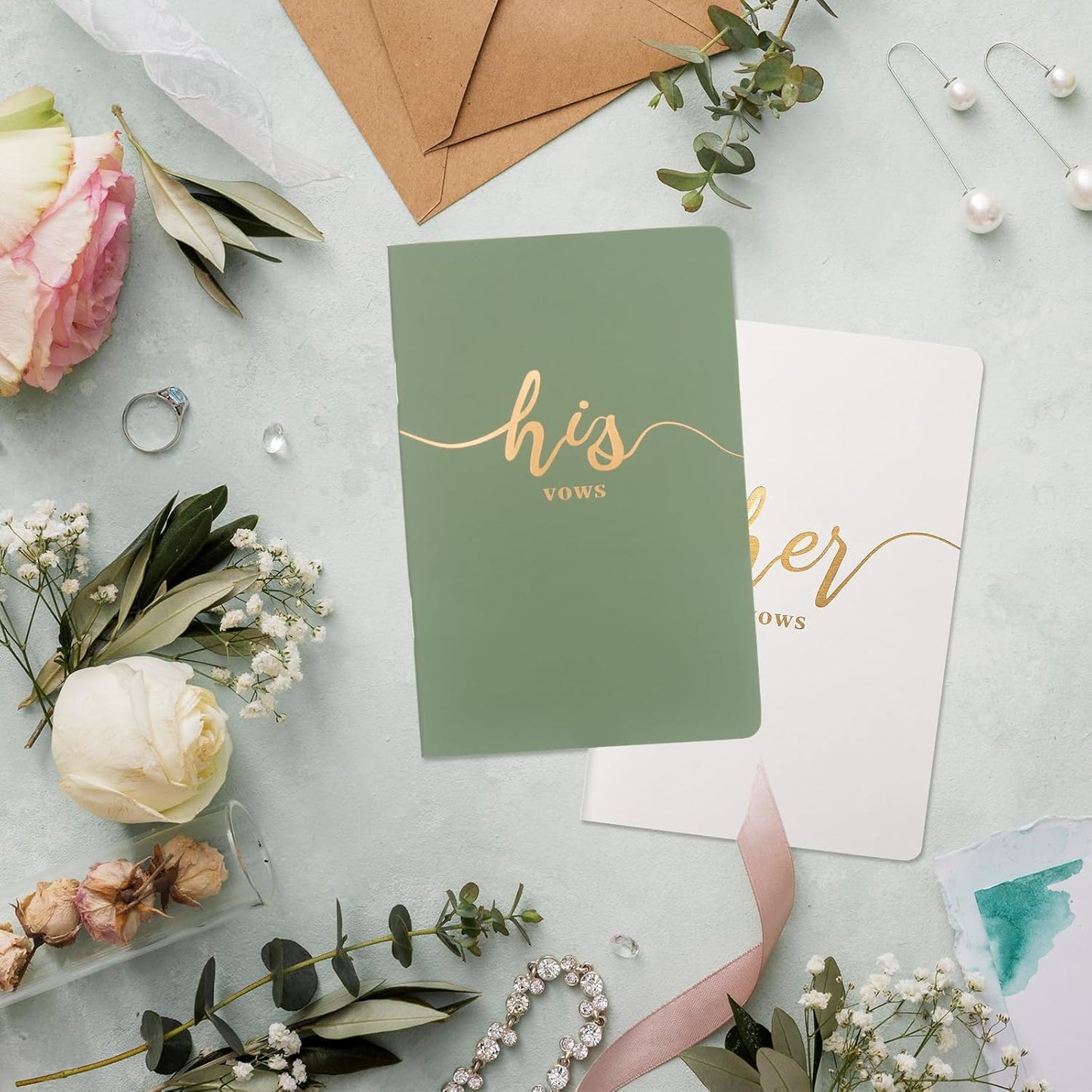 Vekola Vow Books for Wedding His and Hers Elegant Gold Foil Set of 2 Wedding Notebook with 28 Pages (Navy Blue+White)