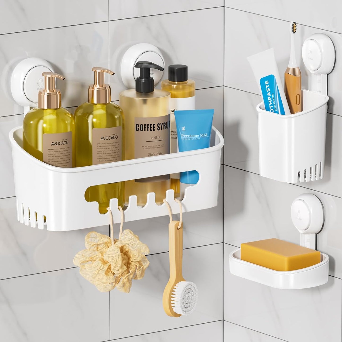 LEVERLOC Shower Caddy Suction Cup, 2 Pack Black Shower Shelf with Hooks and Soap Holder, NO-Drilling Bathroom Organizer, Rustproof Metal Bathroom Storage and Organization