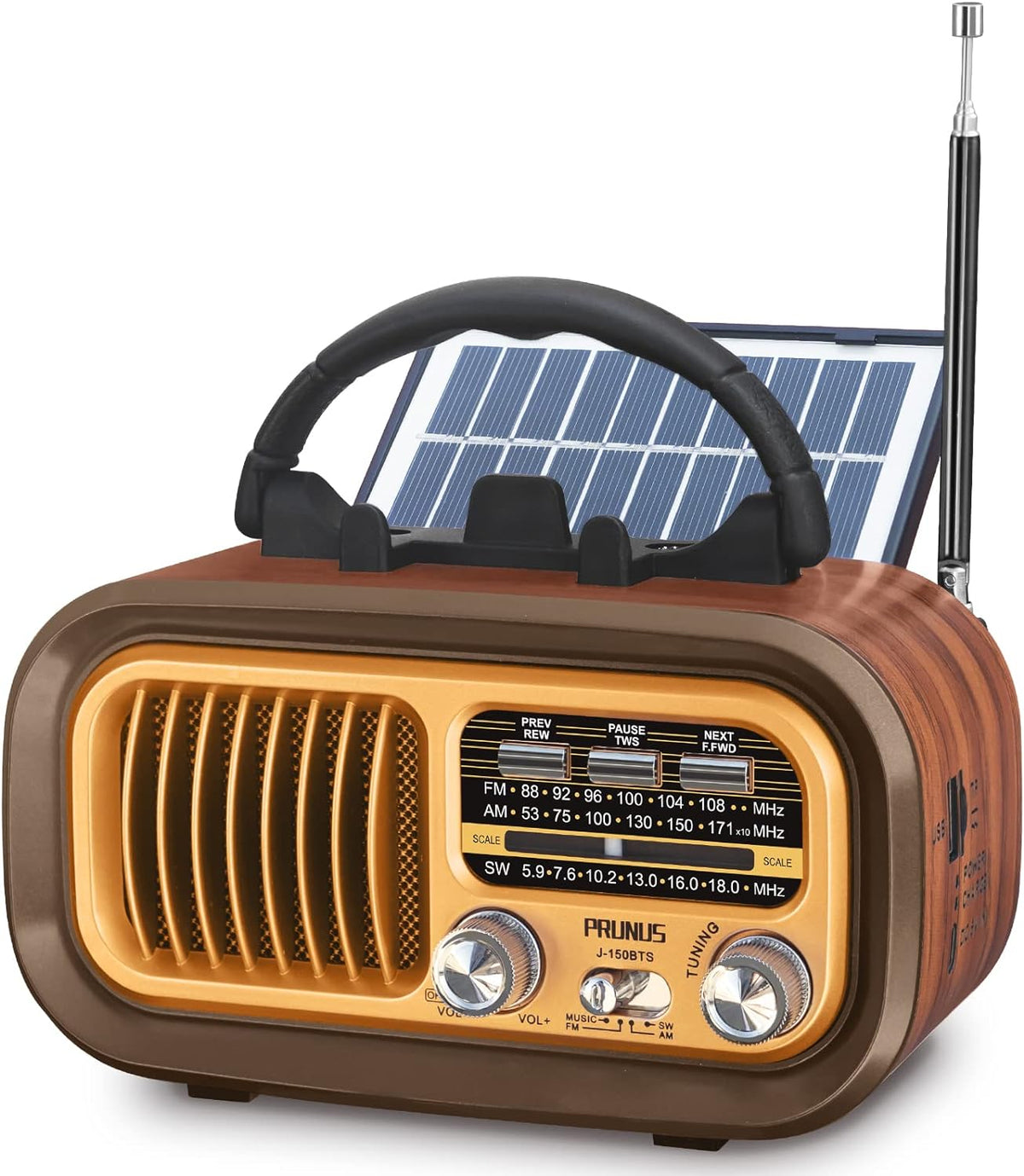 PRUNUS J-150 Small Retro Vintage Radio Bluetooth, Portable Radio AM FM Transistor Radio with Best Sound, Solar/Battery Operated Radios/Rechargeable Radios, TWS, Support TF Card/USB Playing