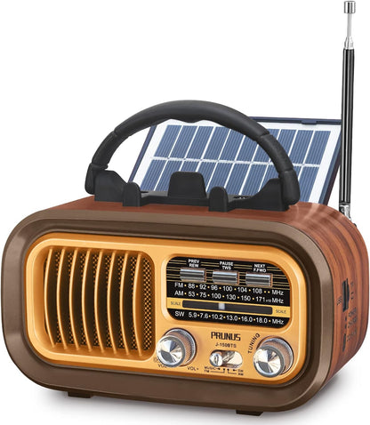 PRUNUS J-150 Small Retro Vintage Radio Bluetooth, Portable Radio AM FM Transistor Radio with Best Sound, Solar/Battery Operated Radios/Rechargeable Radios, TWS, Support TF Card/USB Playing