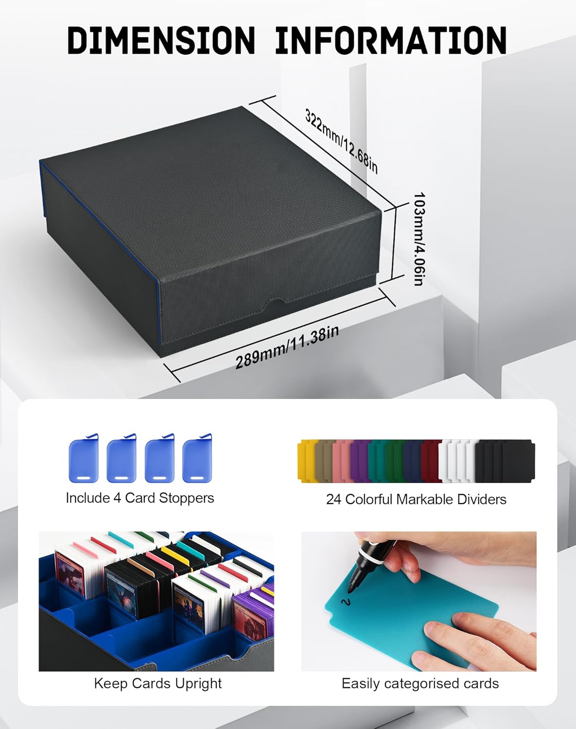 ZLCA Card Storage Box for MTG PTCG, Commander Deck Box Holds 3000+ Cards, Card Storage Case with 4 Stoppers, Card Organizer for TCG Sport Cards (Black)