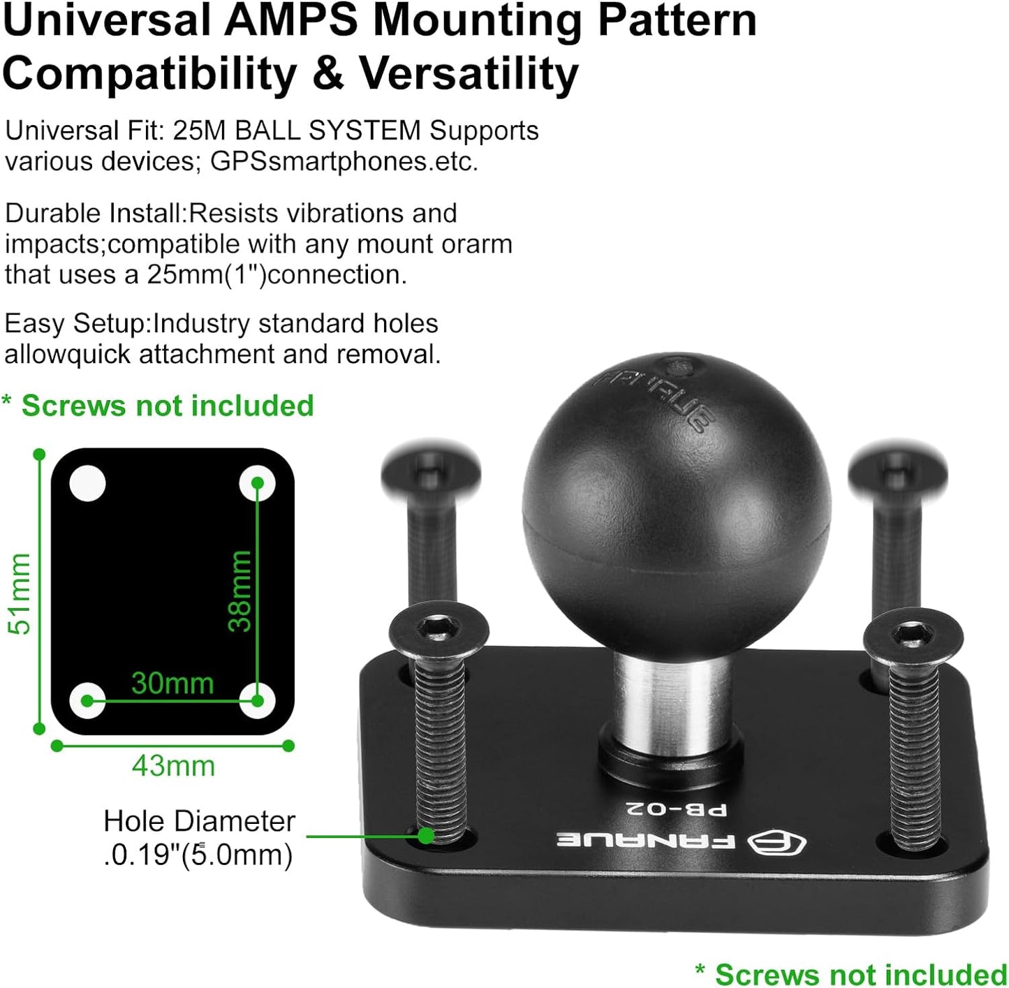 FANAUE Aluminum1'' Ball Mount Base with 4-Hole AMPS Square Plate & 1" Ball Adapter Compatible RAM Mount B Size Double Socket arm and Bike Motorcycle Phone Holder