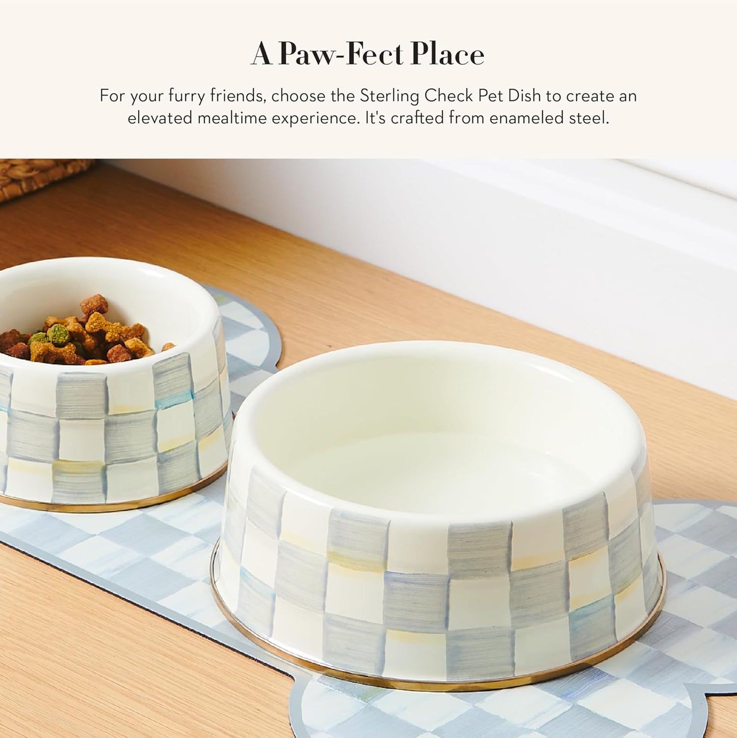 Large Decorative Pet Food and Water Bowl, Gray-and-White Sterling Check Design, Heavy-Gauge Steel Pet Dish for Dogs and Cats, Indoor Non-Slip Pet Feeding Bowl - PuriLite