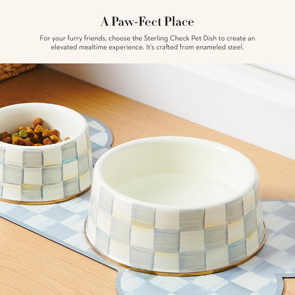 Large Decorative Pet Food and Water Bowl, Gray-and-White Sterling Check Design, Heavy-Gauge Steel Pet Dish for Dogs and Cats, Indoor Non-Slip Pet Feeding Bowl - PuriLite