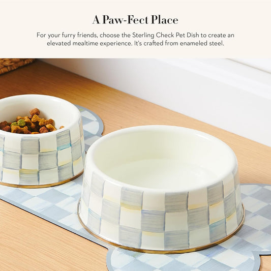 Large Decorative Pet Food and Water Bowl, Gray-and-White Sterling Check Design, Heavy-Gauge Steel Pet Dish for Dogs and Cats, Indoor Non-Slip Pet Feeding Bowl - PuriLite