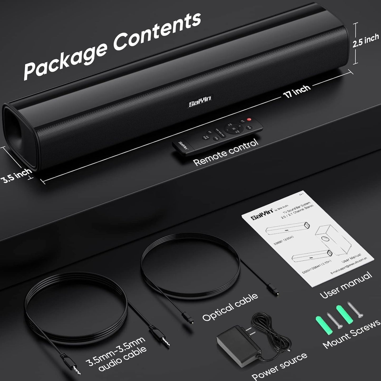 Saiyin Compact Sound Bar,40 Watts Small Soundbar for TV,Surround Sound System TV Sound Bar Speakers with Bluetooth/Optical/AUX Connection for PC/Gaming/Projectors,17inch