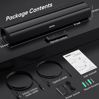 Saiyin Compact Sound Bar,40 Watts Small Soundbar for TV,Surround Sound System TV Sound Bar Speakers with Bluetooth/Optical/AUX Connection for PC/Gaming/Projectors,17inch