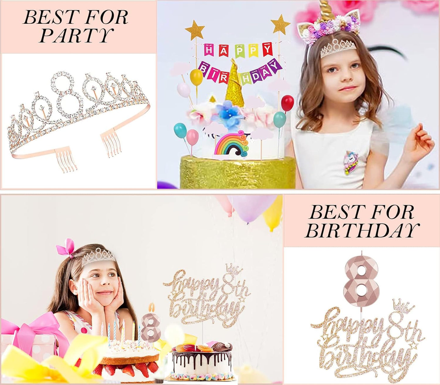 8pcs 40th Birthday Decorations gifts for Women, Including 40th Happy Birthday Cake Topper, Queen Sash with Pearl Pin, Sweet Rhinestone Tiara Crown for Women, Number Candles and Balloons (Rose Gold)