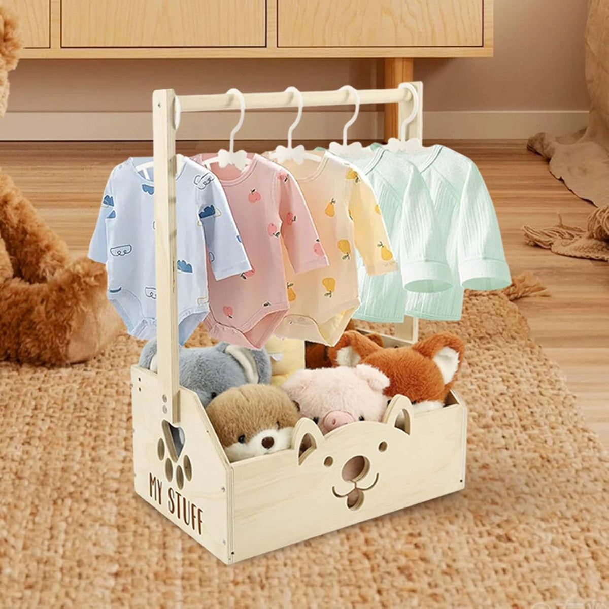 Wooden Baby Storage Organizer | Nursery Basket with 5 Hangers