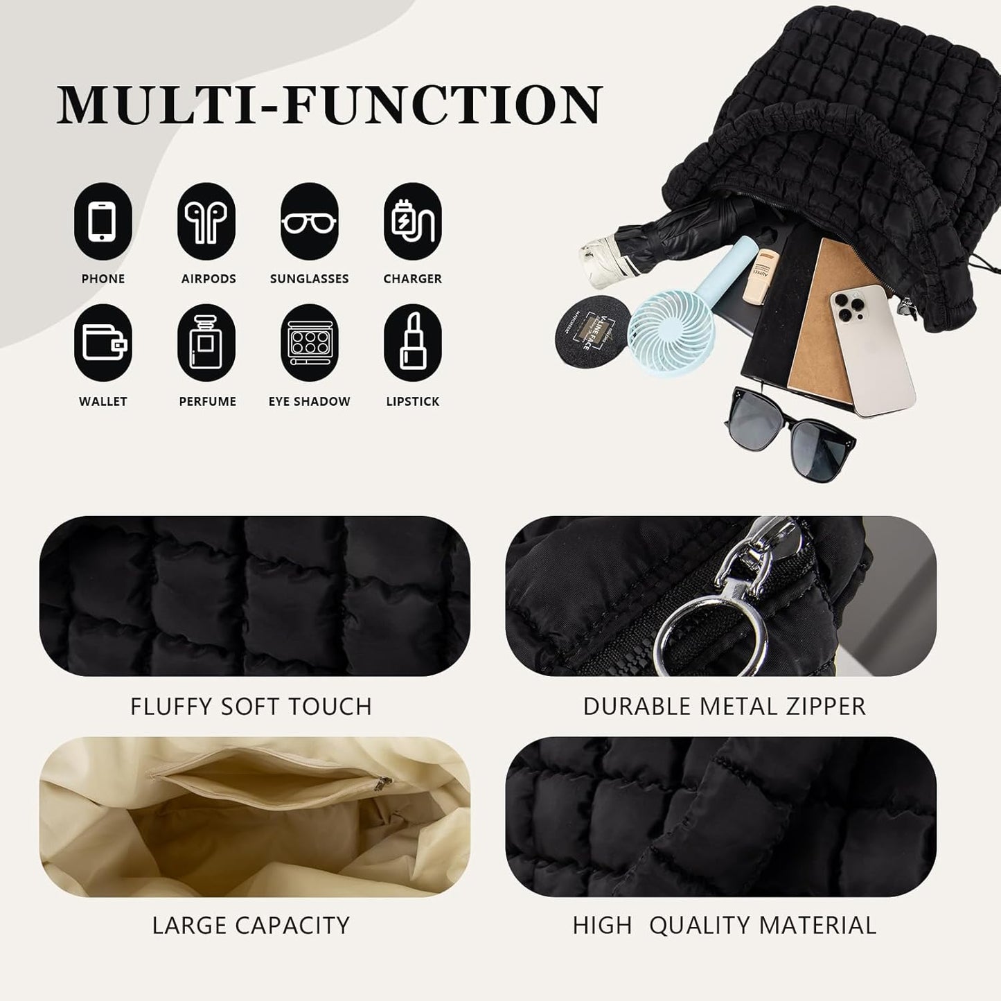 Quilted Puffer Tote Bag Large Crossbody Shoulder Bag with Zipper, Nylon Hobo Oversized Handbag