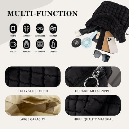 Quilted Puffer Tote Bag Large Crossbody Shoulder Bag with Zipper, Nylon Hobo Oversized Handbag