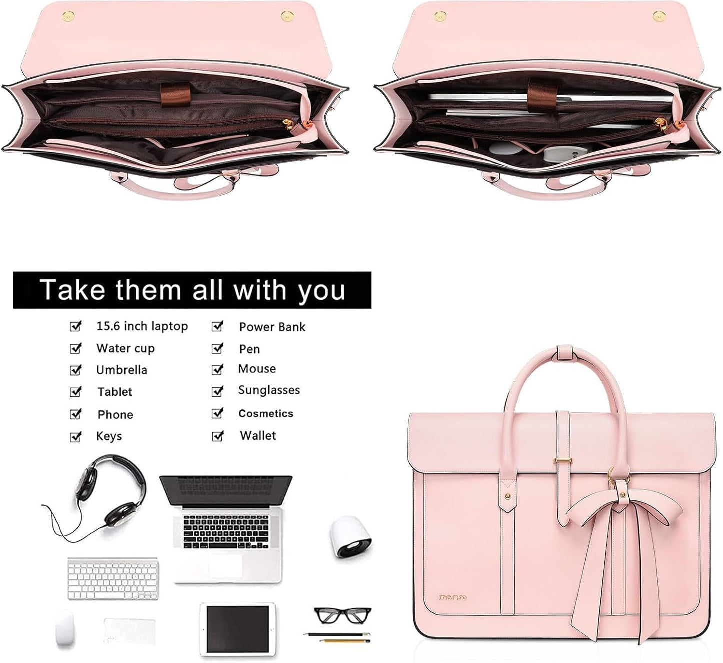 MOSISO Laptop Bag for Women, PU Leather Laptop Shoulder Bag Convertible Backpack, Work Travel Computer Bag with Bowknot - PuriLite
