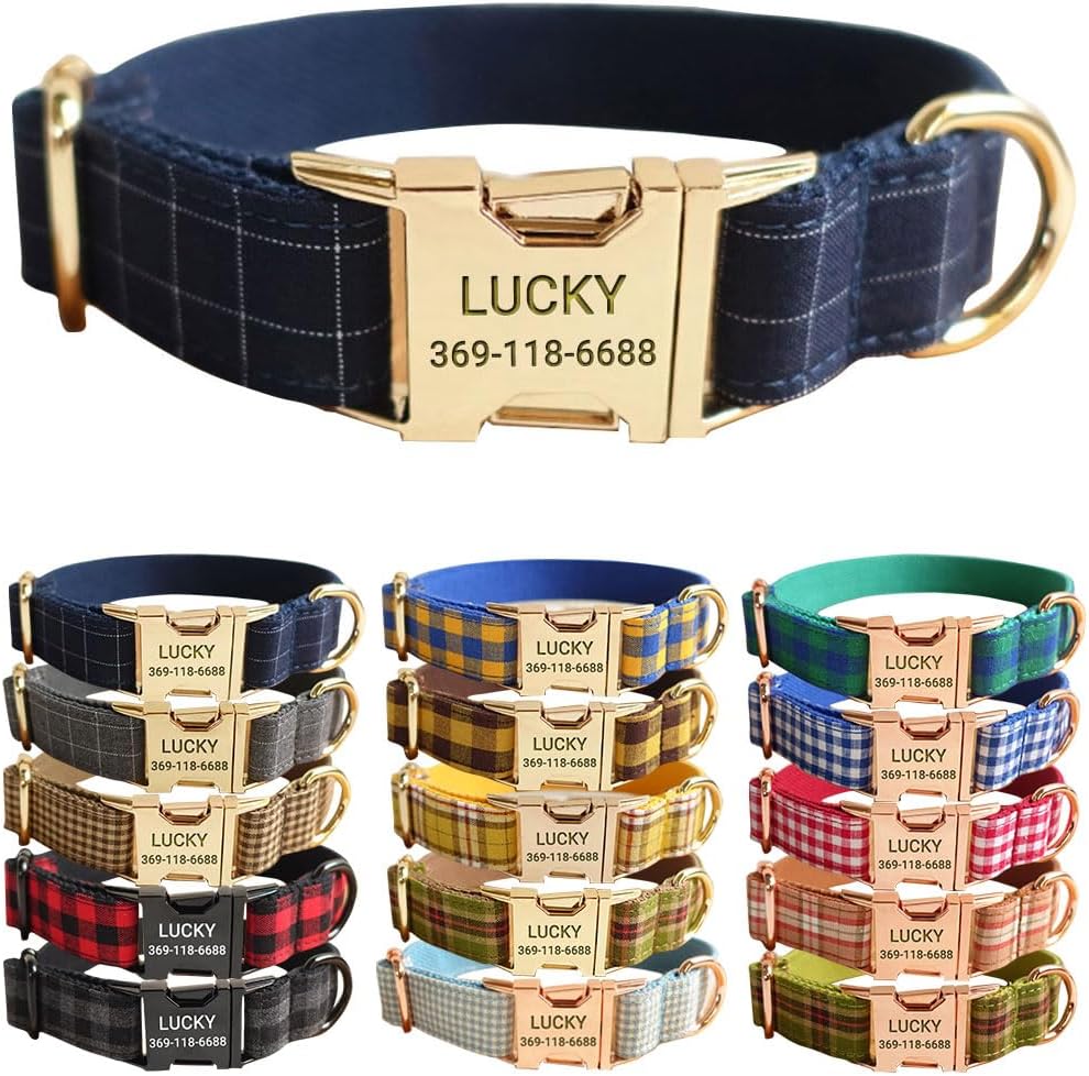PETDURO Personalized Buffalo Plaid Dog Collar Red Black - Engraved Name and Phone Number on Black Metal Buckle - Custom for Small Medium Large Boy Girl Dogs - Add Leash Bow Tie via Customize Now