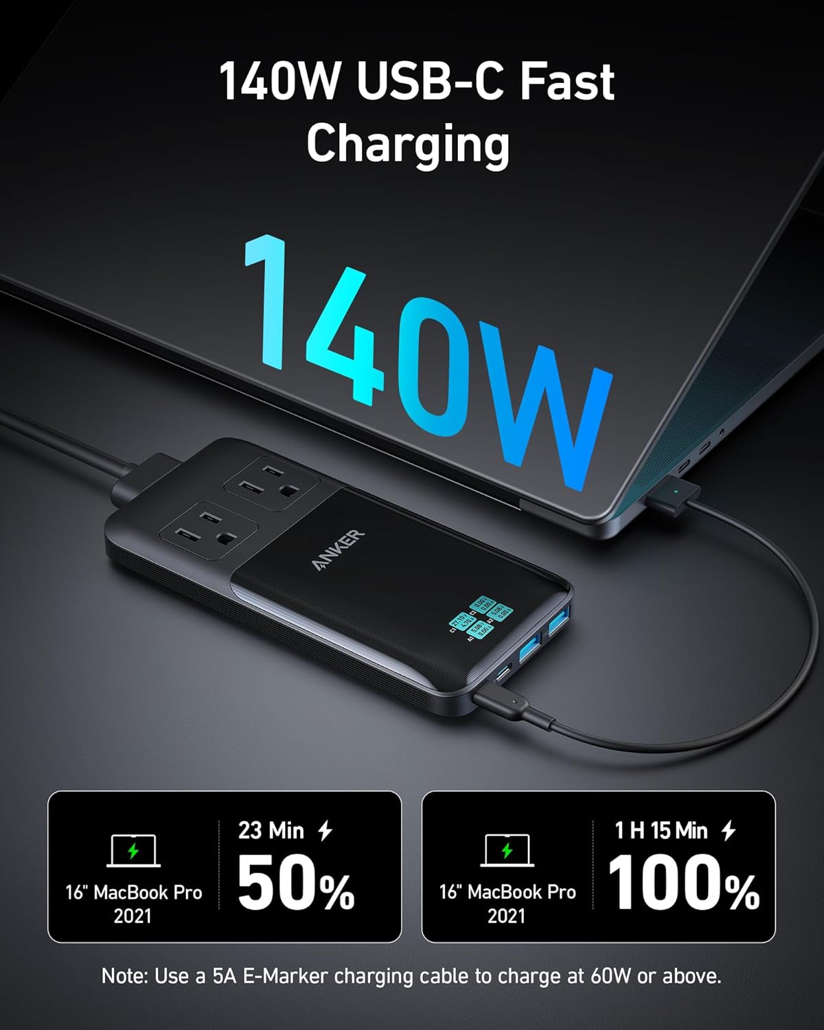 Anker Prime 6-in-1 USB C Charging Station, 140W Compact Power Strip for Work and Travel, 5 ft Detachable Extension Cord with 6 Ports, for iPhone 15/15 Plus/15 Pro/15 Pro Max(Non-Battery/Wireless)