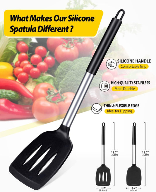 Pack of 2 Silicone Slotted Spatula,Non Stick Solid Kitchen Turner, High Heat Resistant BPA Free Cooking Utensils for Fish, Eggs, Pancakes（Black - PuriLite