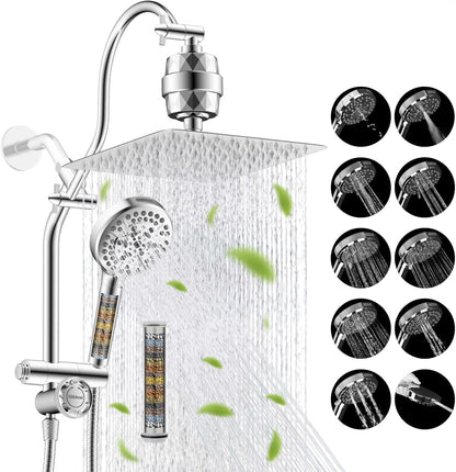 Hibbent Upgraded All Metal 10"Rainfall Showerhead Combo, High Pressure Shower Head with 10-Spray Mode Handheld, Innovative 4-way Diverter with Pause Mode, 71'' Shower Hose and Handheld Holder, Chrome