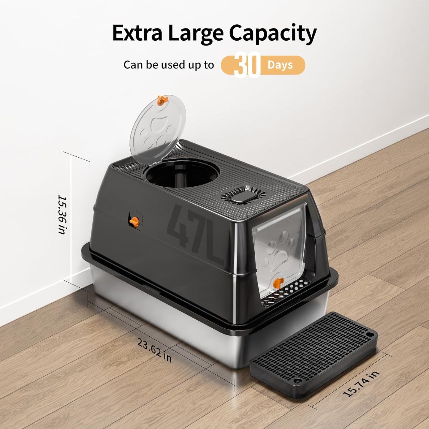 Eosarcu Stainless Steel Cat Litter Box with Lid, 180° Flip-Top XL Extra Large Enclosed Litter Box, Covered Metal High Sided Litter Pan with Steps & Scoop, Easy Cleaning, Odor Control,Non-Sticky-Black