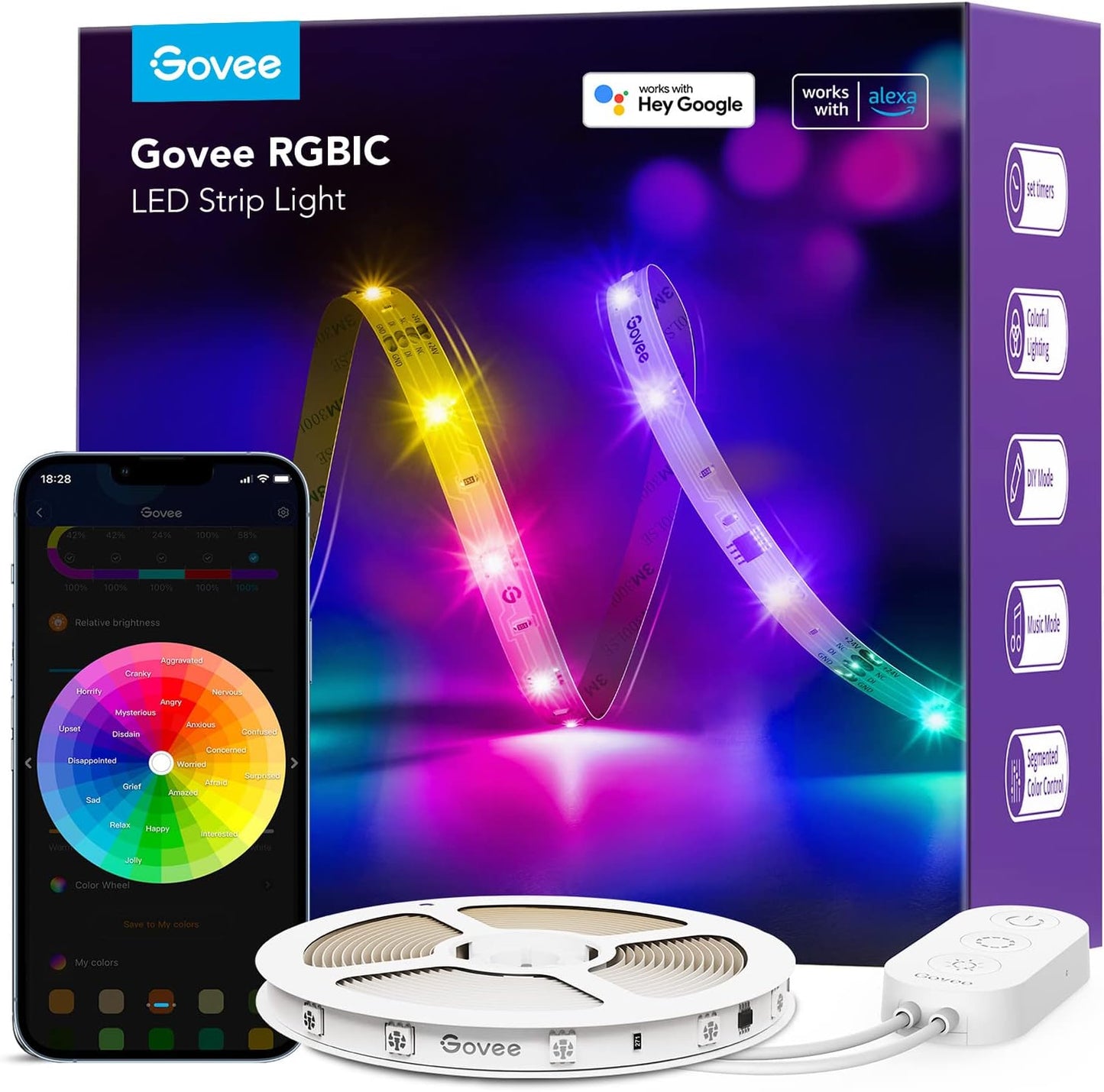 Govee RGBIC LED Strip Lights 100ft, Smart LED Lights Work with Alexa and Google Assistant, App Control Segmented DIY Multiple Colors, Color Changing Lights, LED Lights for Bedroom (NOT Waterproof)
