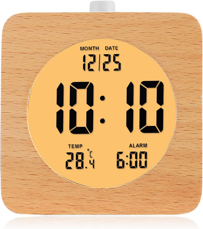 Plumeet Wooden Digital Alarm Clock for Bedrooms, Wood 4'' Battery Powered Alarm Clock with Snooze and Nightlight, Electronic LCD Desk Clock Display Time, Date, Temp, 12/24H, Wood Décor (Sapele, 3.2'')