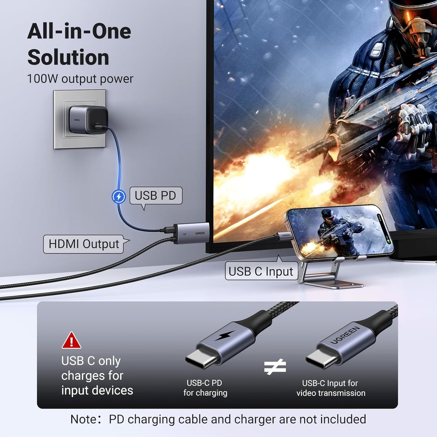 UGREEN USB C to HDMI Cable 100W PD Charger 4K@60Hz 1440P@144Hz 1080P@240Hz/120Hz Type C Thunderbolt 3/4/5 HDR Adapter Compatible with MacBook iMac Mac mini iPad Pro Air iPhone 16 15 Galaxy S24(2M)