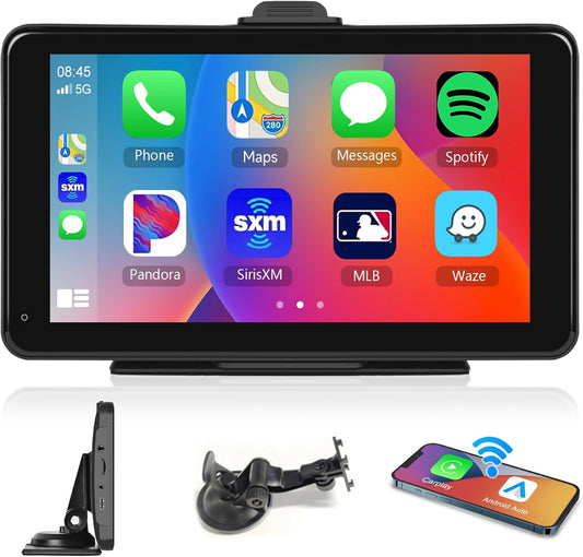 Portable Carplay Screen for Car with Wireless Carplay Android Auto Car Radio, Rimoody 7'' HD Touch Screen Head Unit with Mirror Link, GPS Navigation, Dual Bluetooth, AUX/FM Transmitter, Voice Control