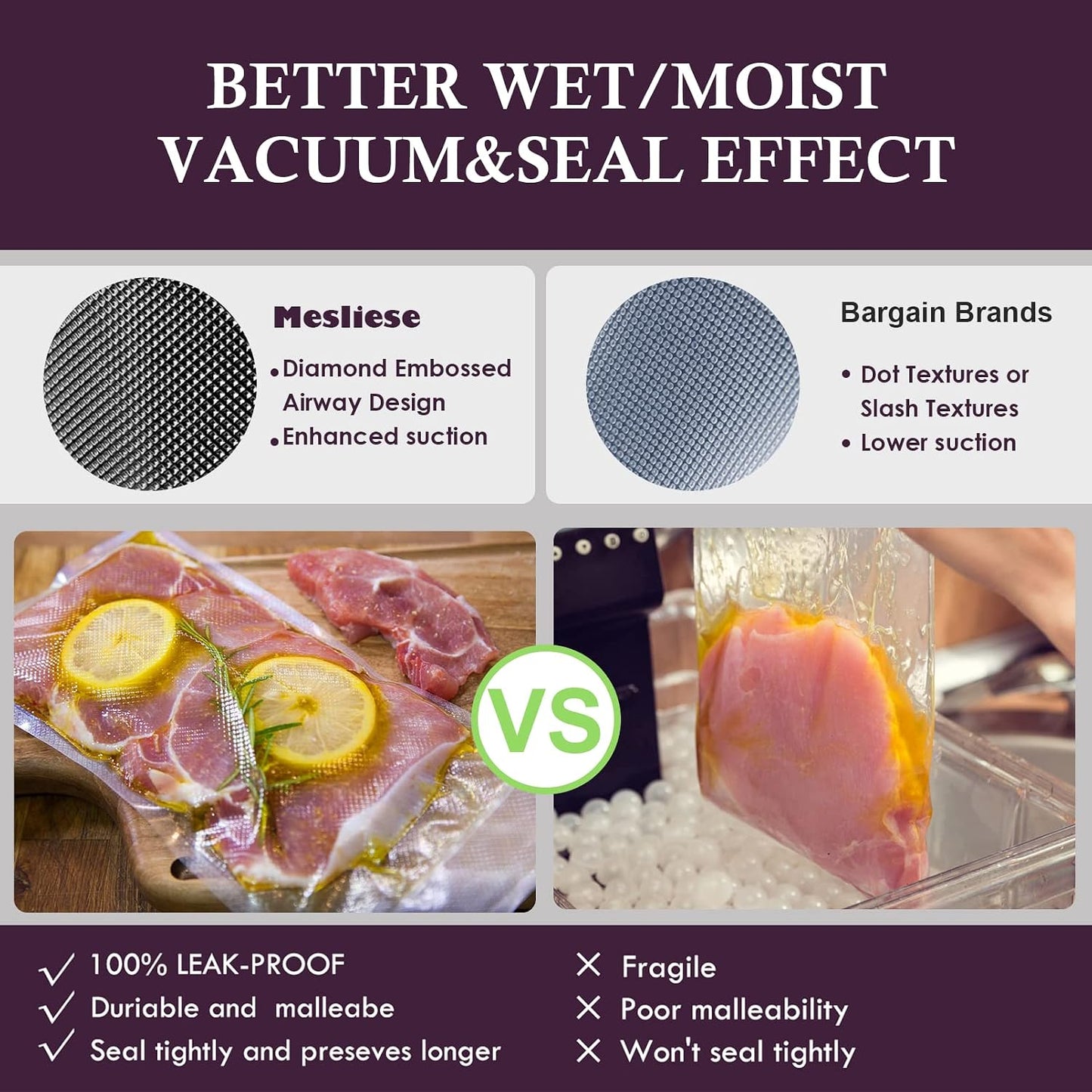 Mesliese Vacuum Sealer Bags Rolls for Custom Fit 8''x16' 3 Pack, Heavy-Duty Thick Food Bag, BPA-Free, Freezable, for Sous Vide, Storing Raw, Cooked Foods| Universal Compatibility