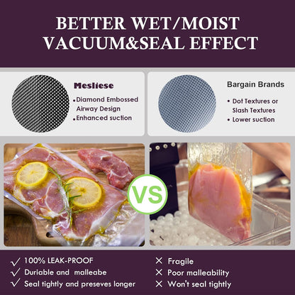 Mesliese Vacuum Sealer Bags Rolls for Custom Fit 8''x16' 3 Pack, Heavy-Duty Thick Food Bag, BPA-Free, Freezable, for Sous Vide, Storing Raw, Cooked Foods| Universal Compatibility